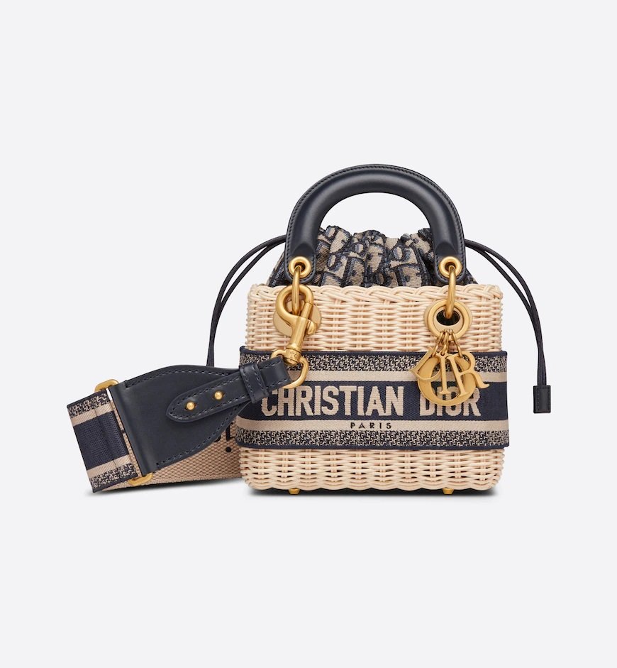 Chrisitan Dior Mini Lady Dior Bag in Natural Wicker and Blue Dior